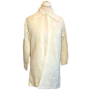 Vintage 70s Open Knit Cardigan Tunic Sweater Longline Acrylic off White Sz S/M‎